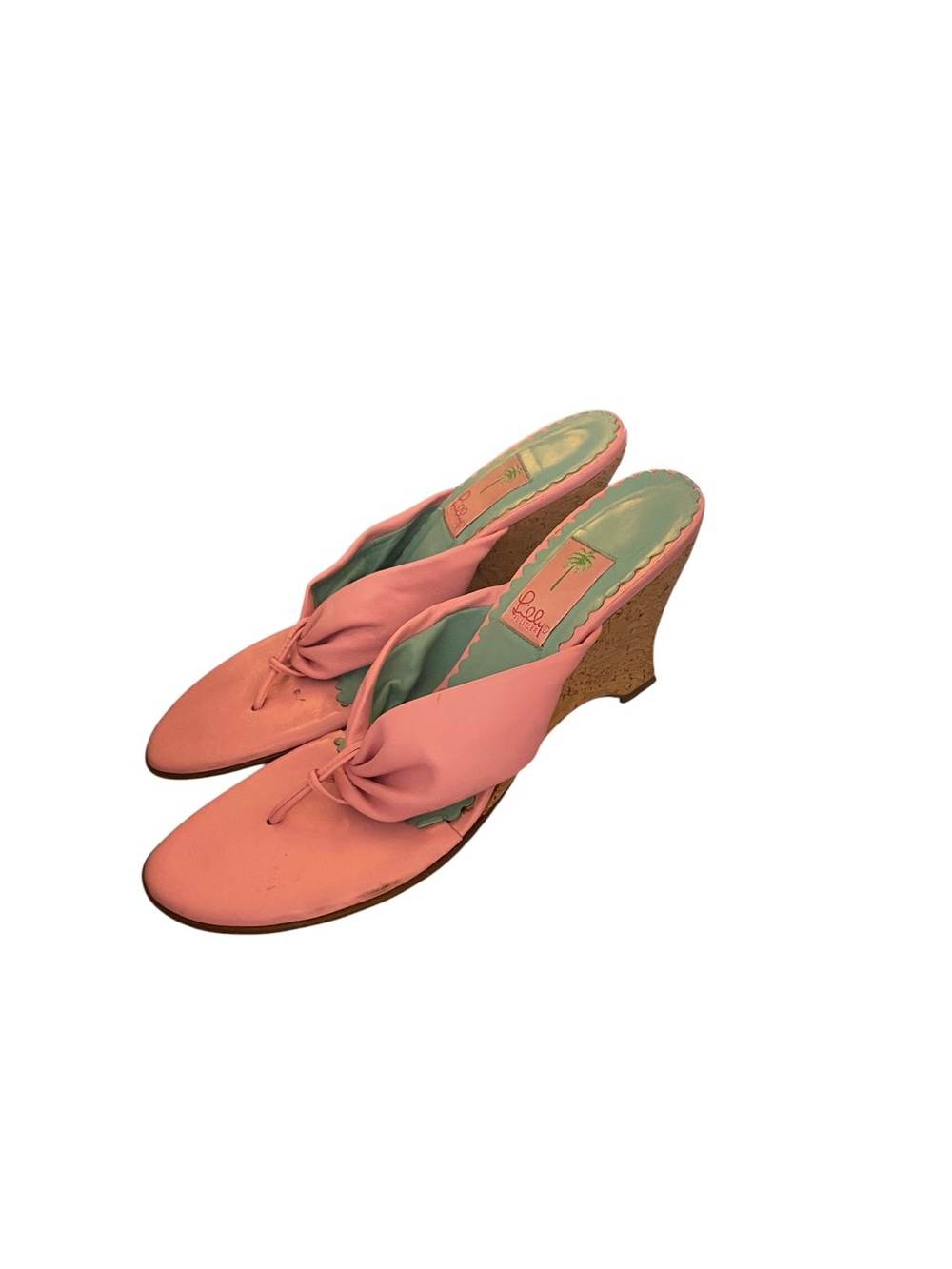 Lily Pulitzer Pink leather cork wedge Bow Tie Thongs Resortwear Coastal sandals - Picture 2 of 9